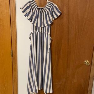 Blue & white striped off the shoulder maxi dress. From a boutique in St. Peter